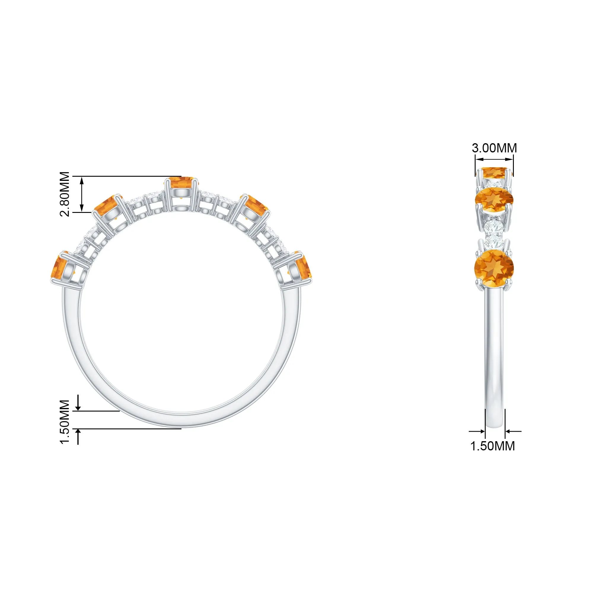 3/4 CT Citrine and Diamond Minimal Stackable Gold Ring