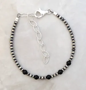 3mm Navajo Pearls & 5 Stone Onyx Bracelet Sterling Silver