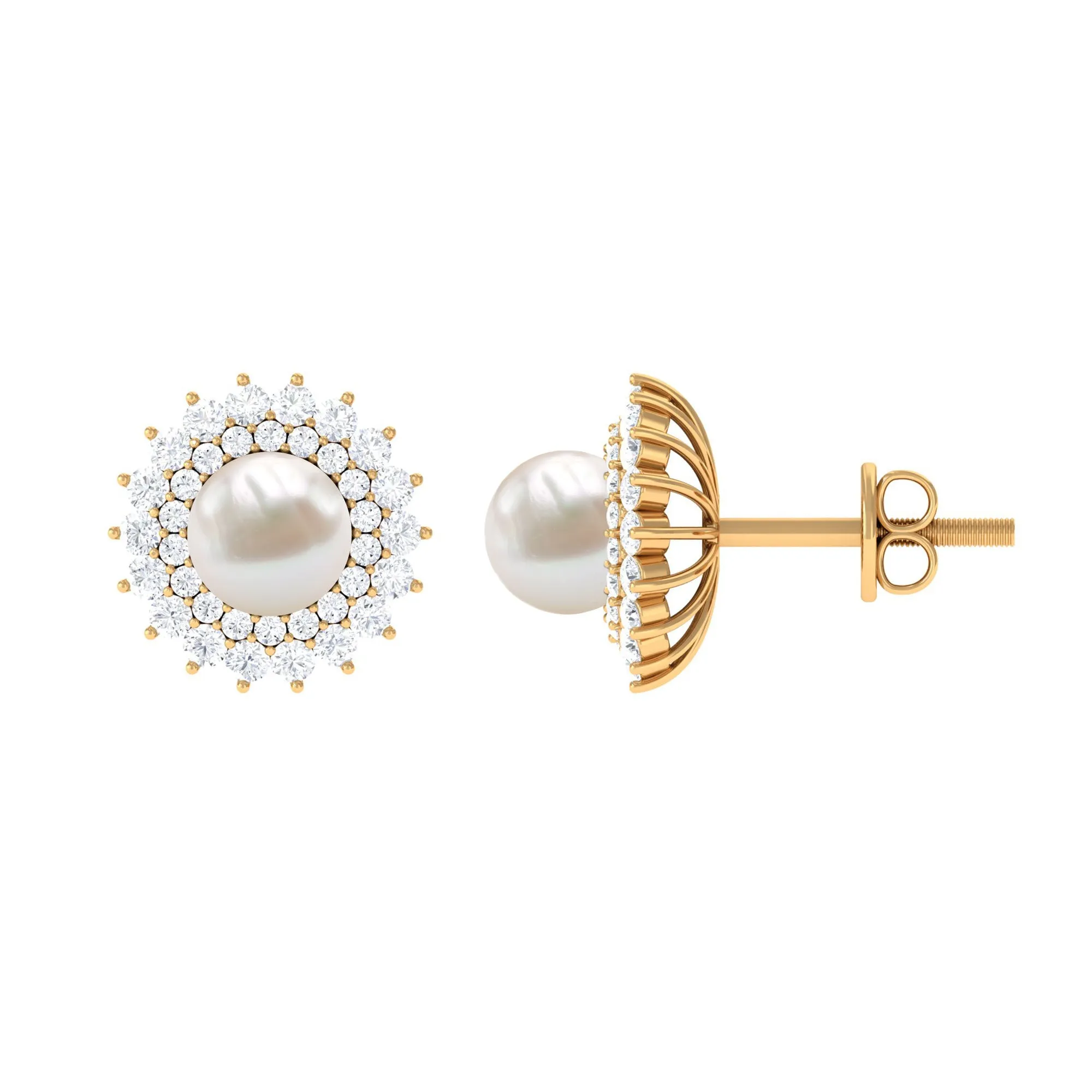 6.25 CT Freshwater Pearl Floral Statement Earrings with Diamond Double Halo