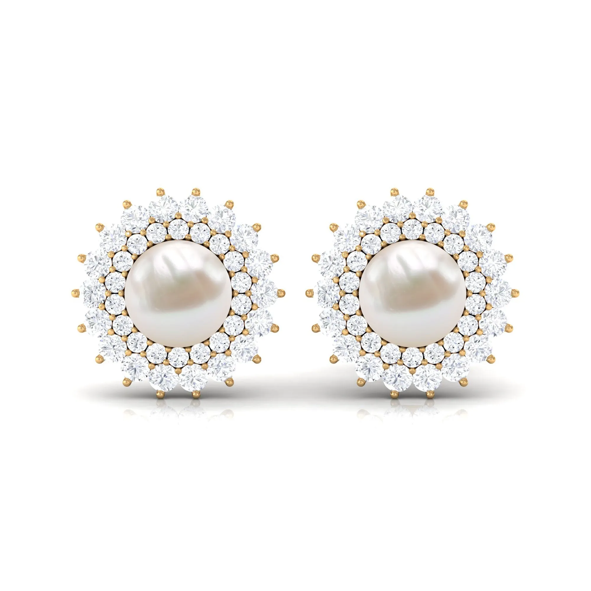 6.25 CT Freshwater Pearl Floral Statement Earrings with Diamond Double Halo
