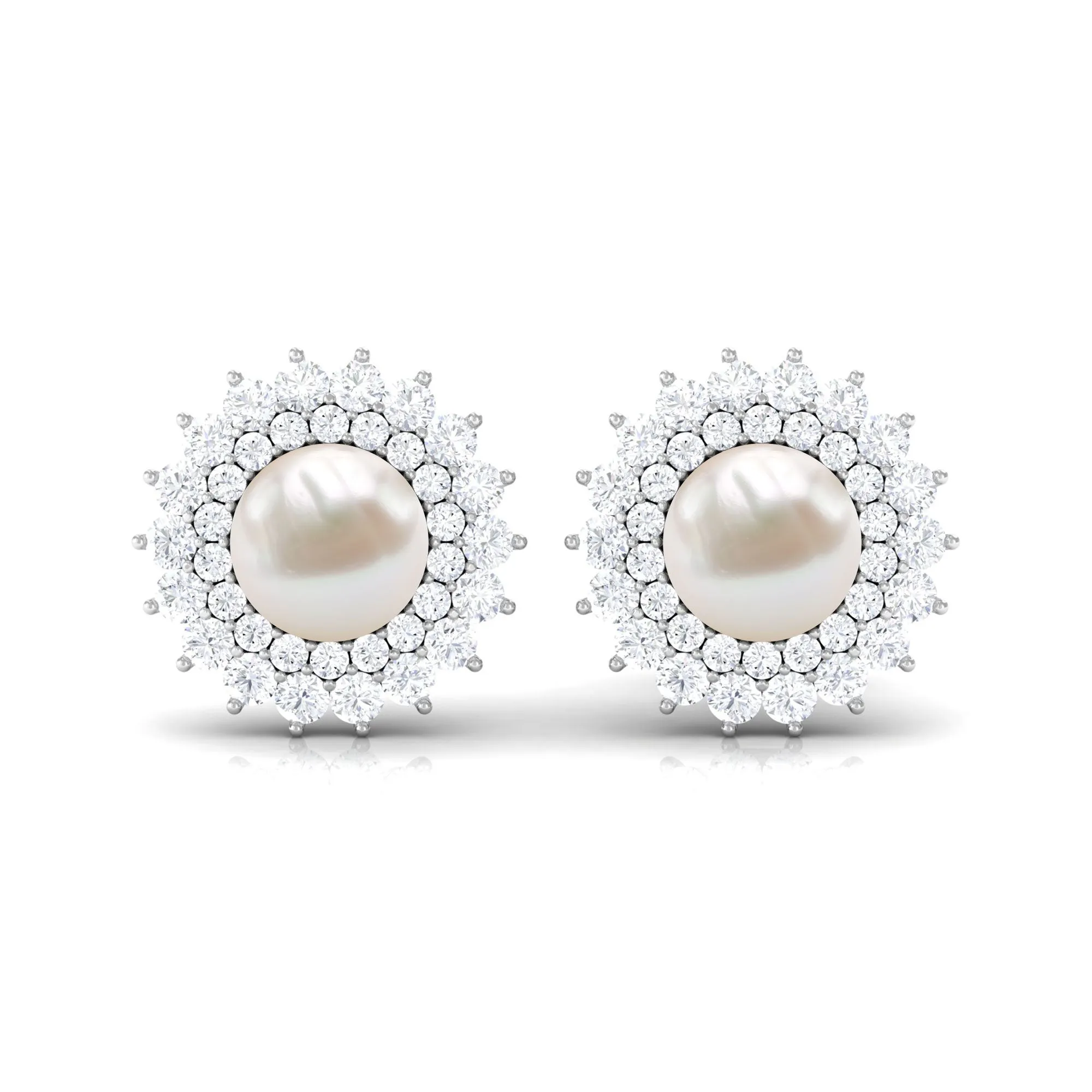 6.25 CT Freshwater Pearl Floral Statement Earrings with Diamond Double Halo