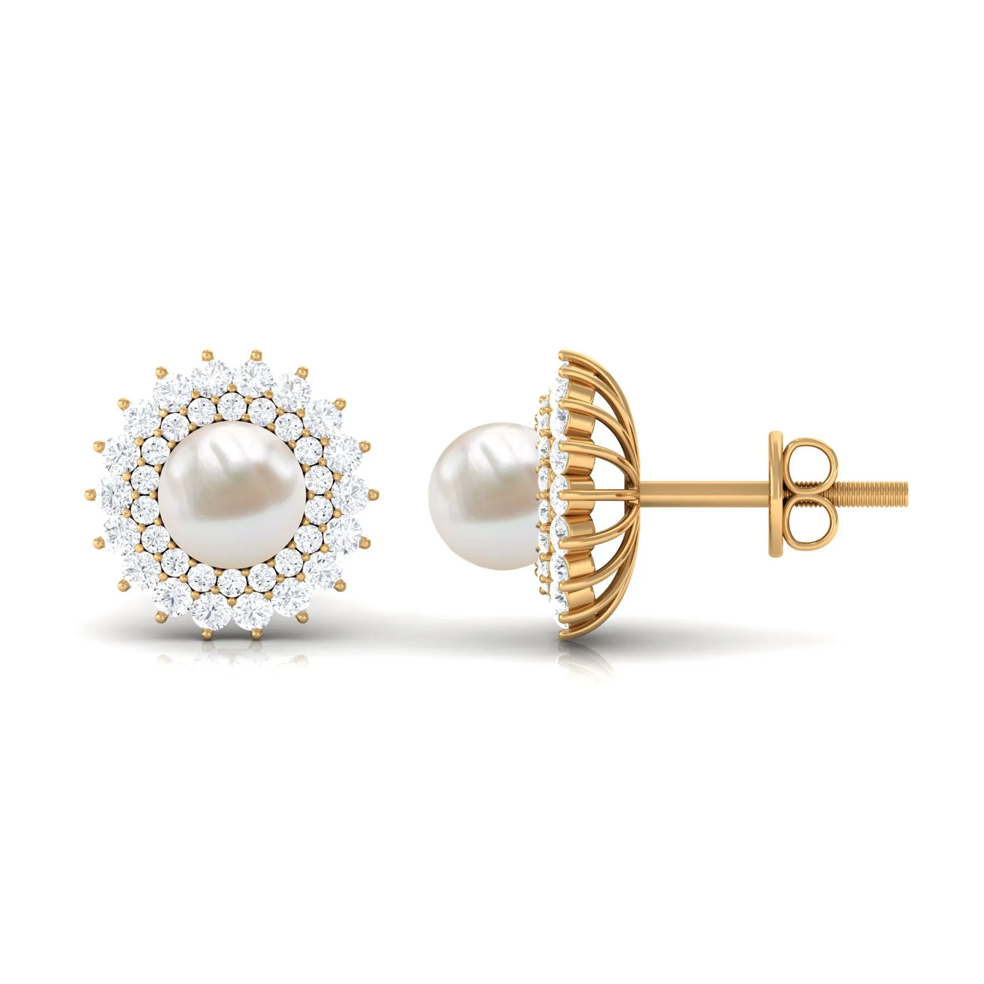 6.25 CT Freshwater Pearl Floral Statement Earrings with Diamond Double Halo