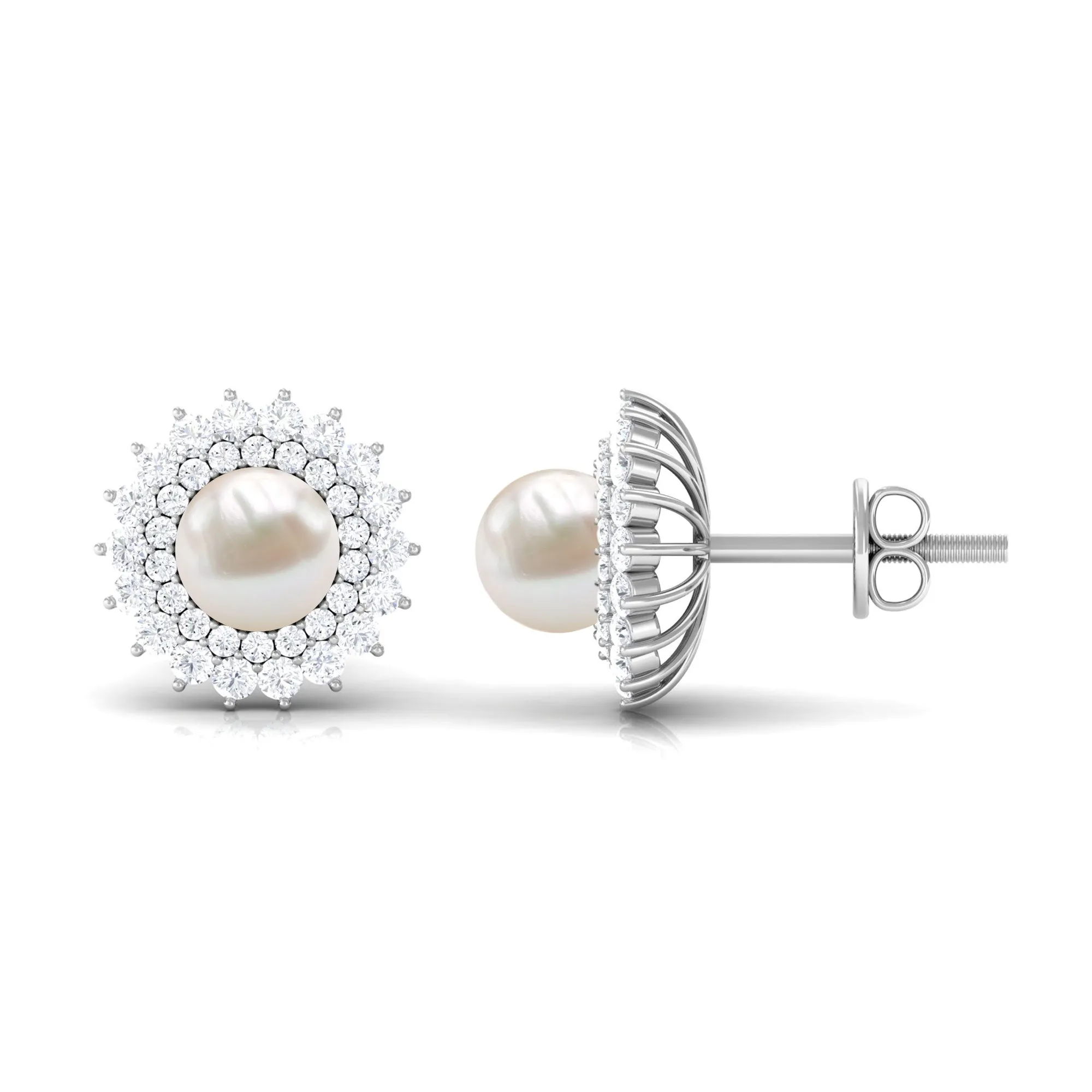 6.25 CT Freshwater Pearl Floral Statement Earrings with Diamond Double Halo