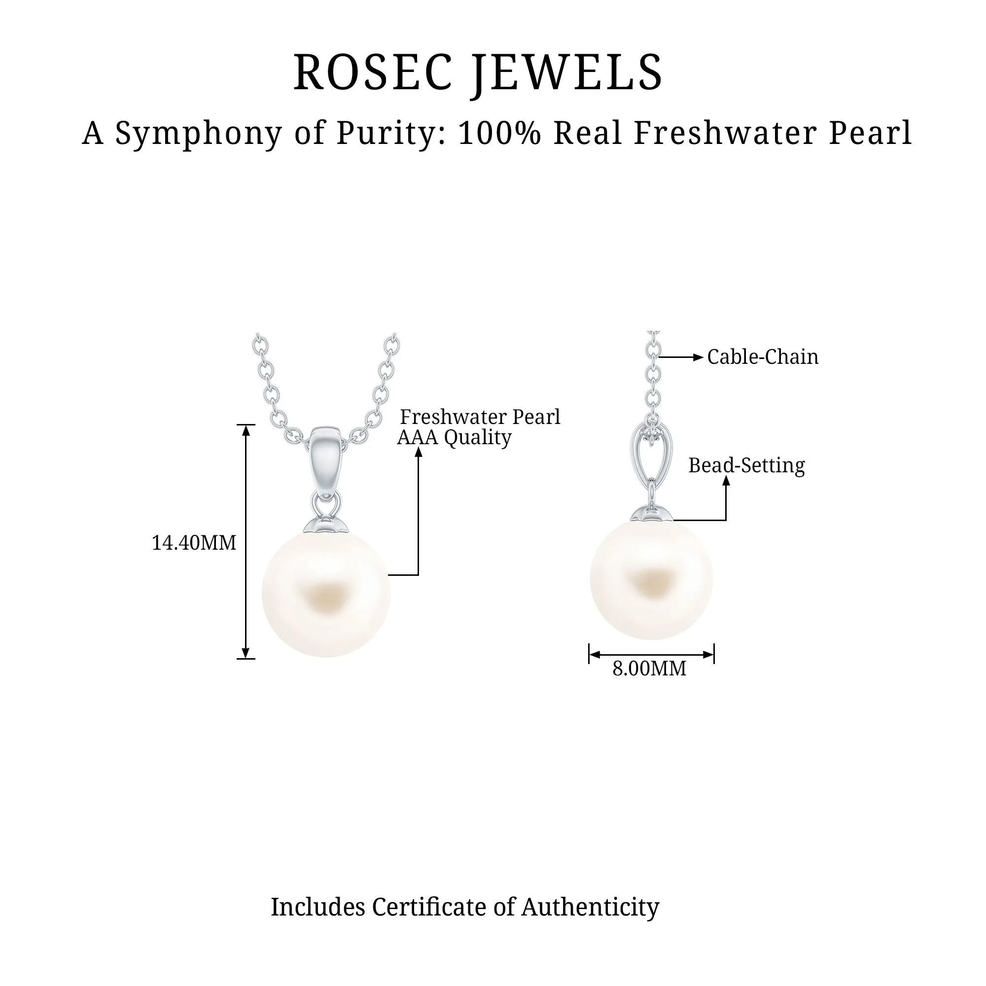 8 MM Round Freshwater Pearl Simple Solitaire Pendant