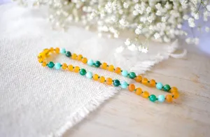 African Jade, Amazonite   Honey Baltic Amber Necklace ll Teething