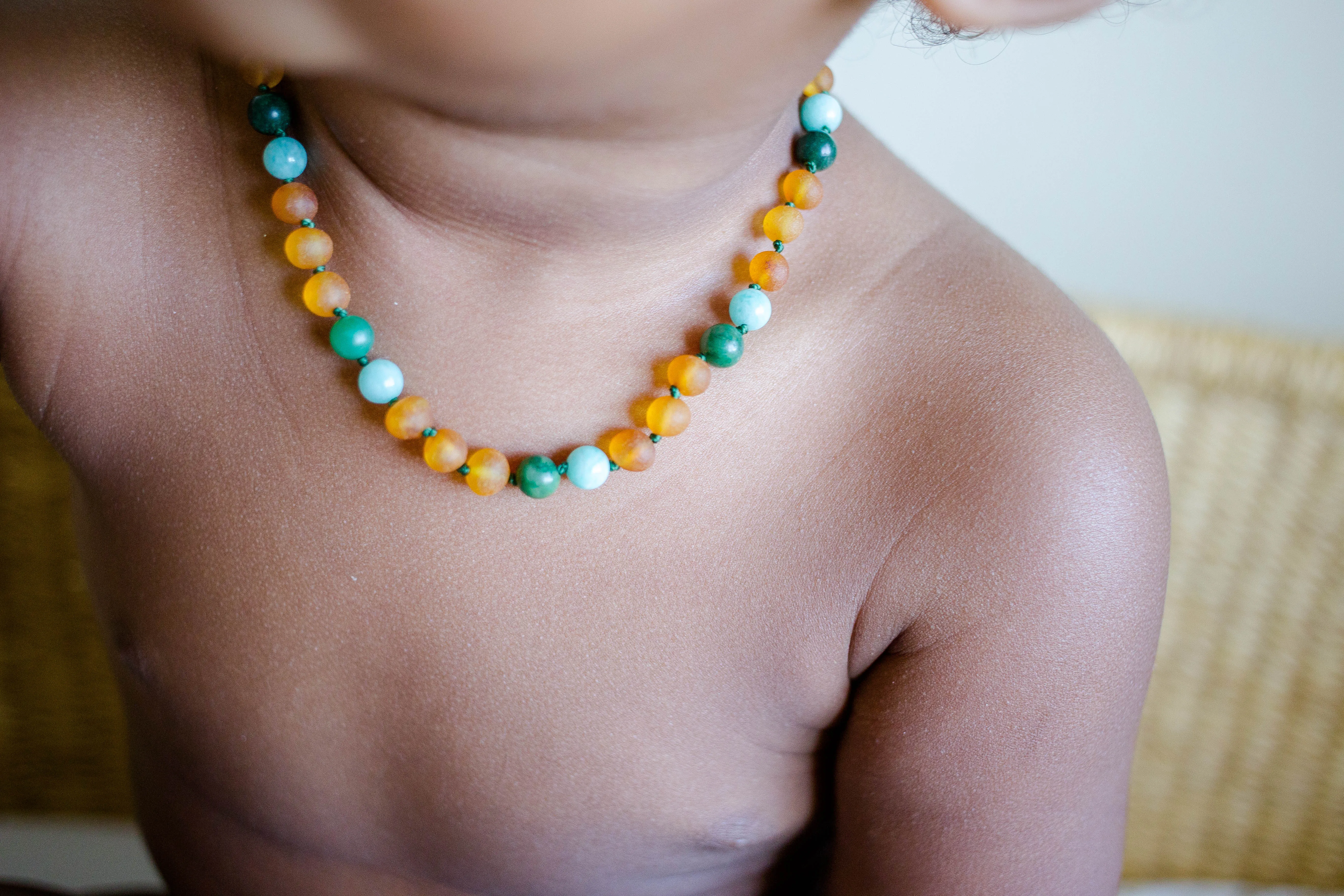 African Jade, Amazonite   Honey Baltic Amber Necklace ll Teething