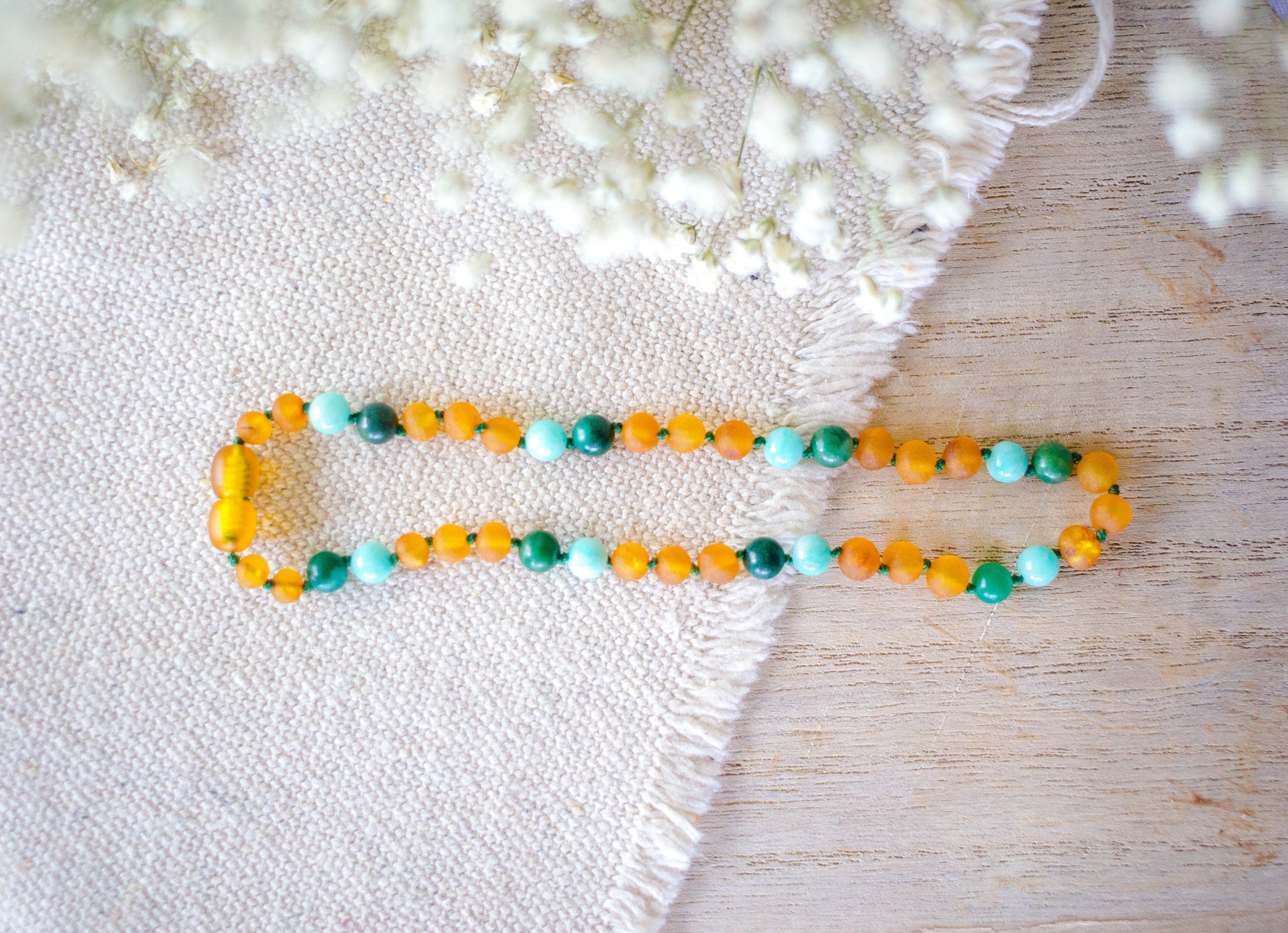 African Jade, Amazonite   Honey Baltic Amber Necklace ll Teething