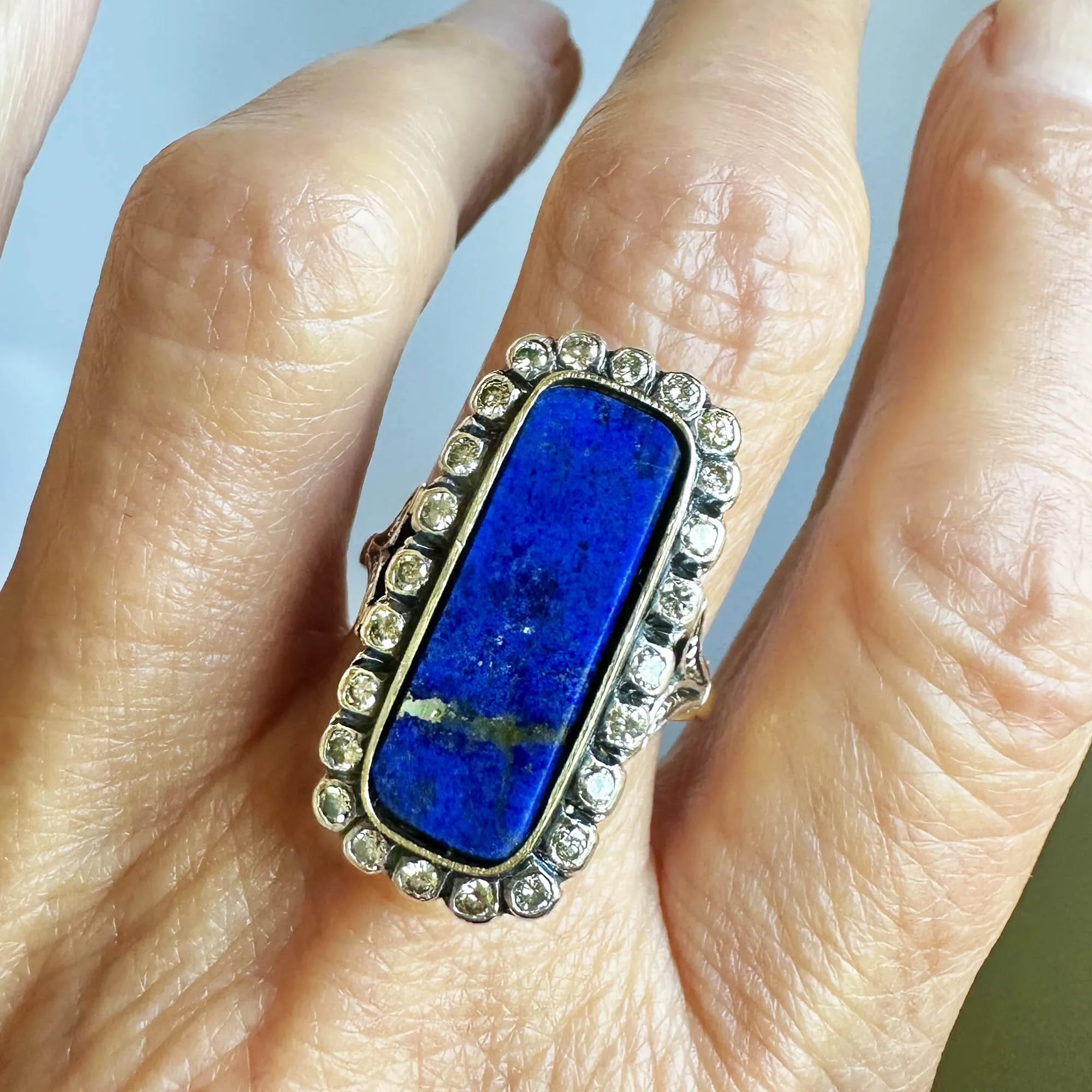 Art Deco 1.02 CTW Mine Cut Diamond Halo Lapis Lazuli Ring
