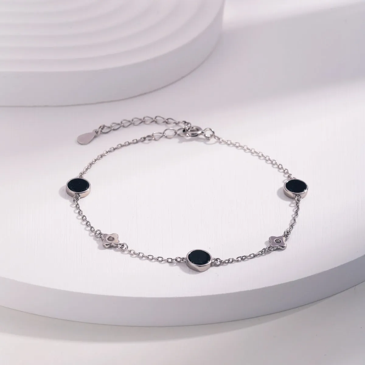 Black Onyx 4 Leaf Clover Charm Bracelet