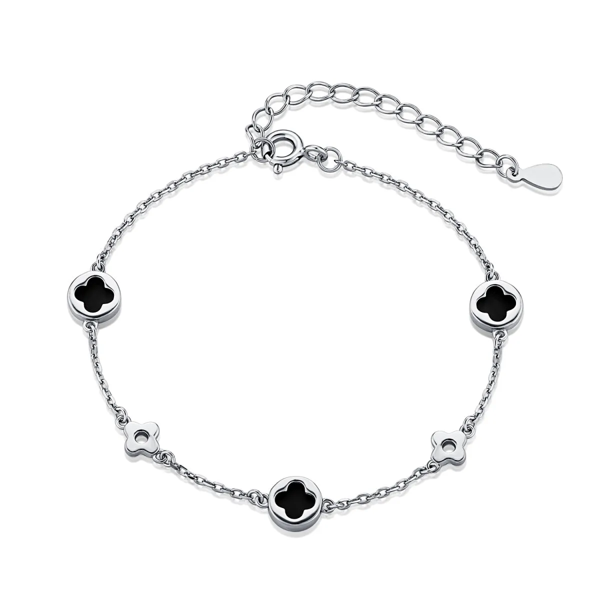 Black Onyx 4 Leaf Clover Charm Bracelet