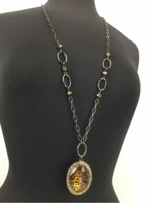 Black/Amber Pendant Long Necklace