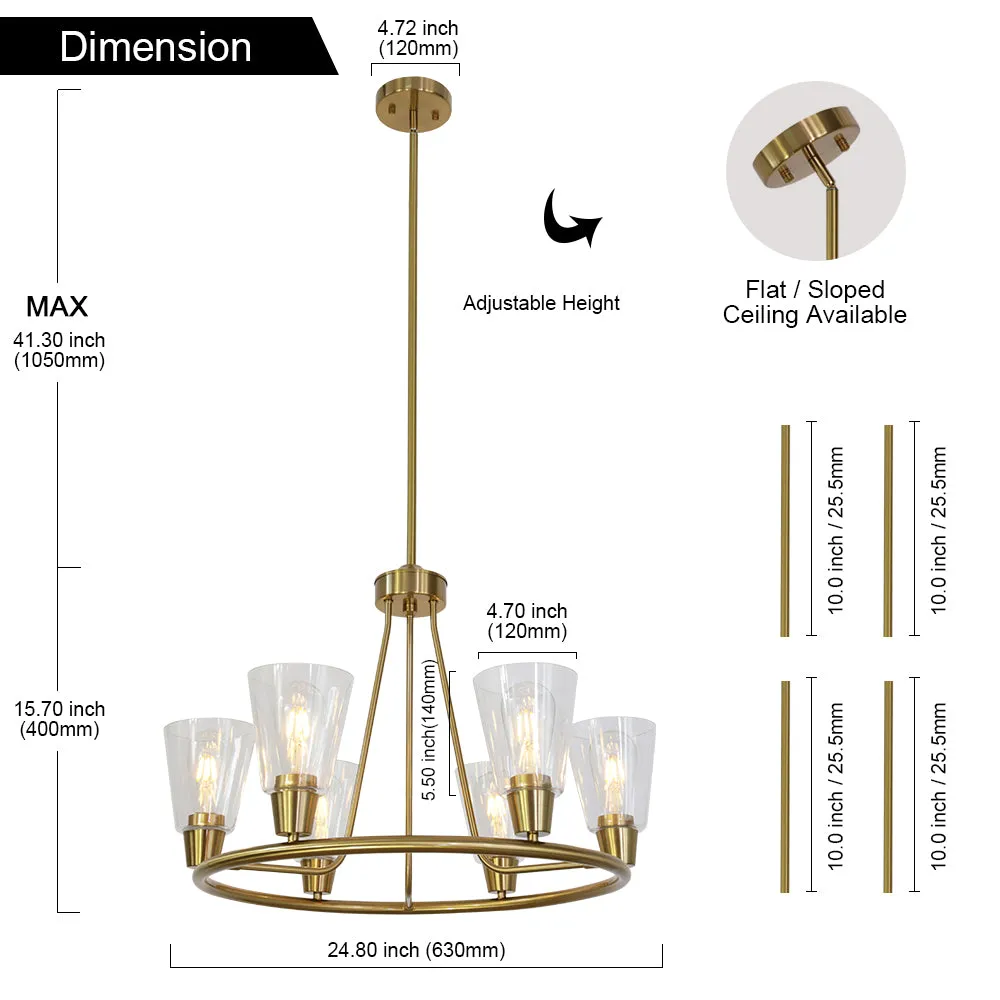 BONLICHT 6 Lights Round Chandelier Brushed Brass with Clear Glass Shade