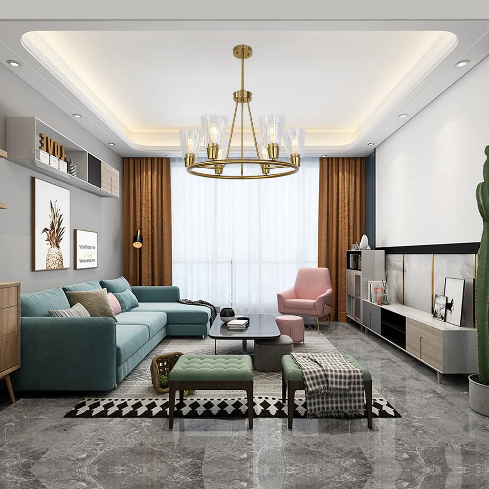 BONLICHT 6 Lights Round Chandelier Brushed Brass with Clear Glass Shade