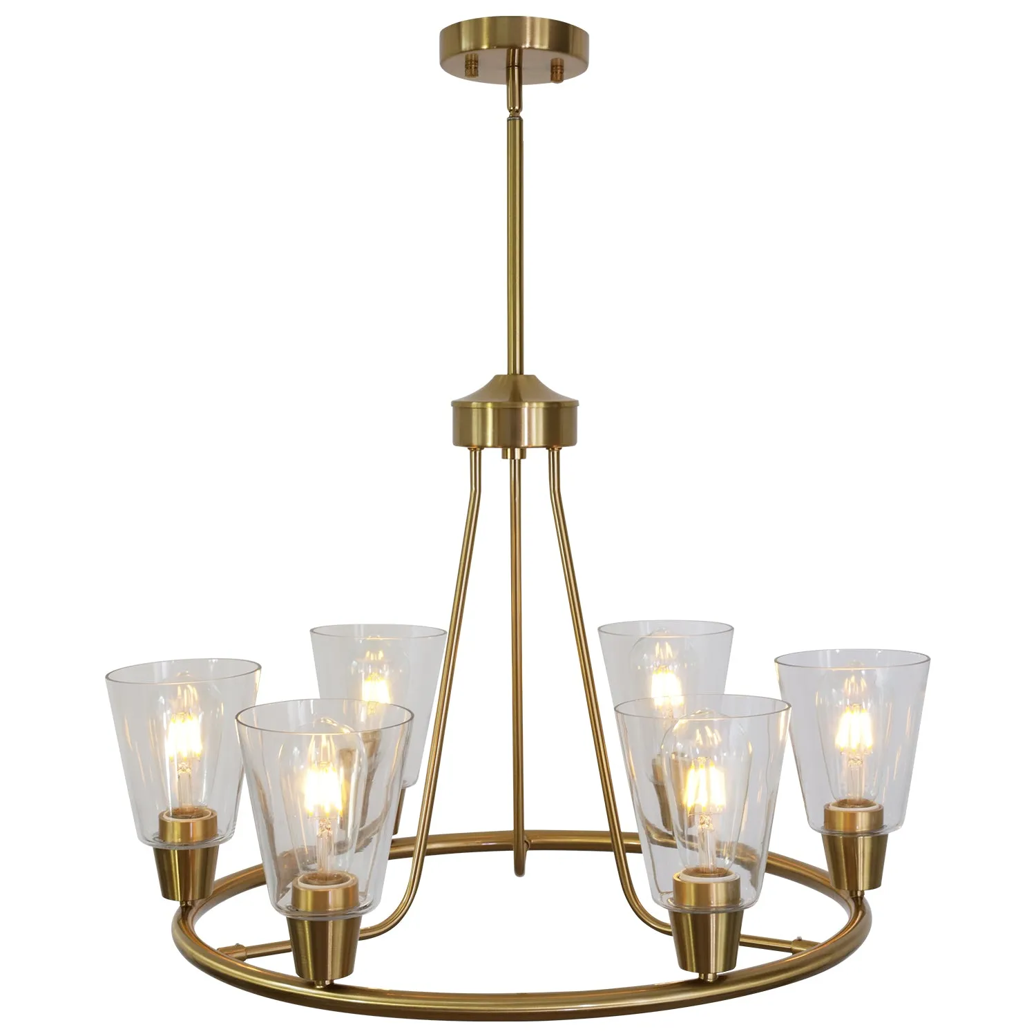BONLICHT 6 Lights Round Chandelier Brushed Brass with Clear Glass Shade