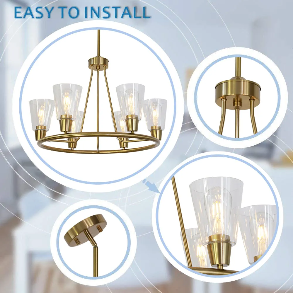 BONLICHT 6 Lights Round Chandelier Brushed Brass with Clear Glass Shade