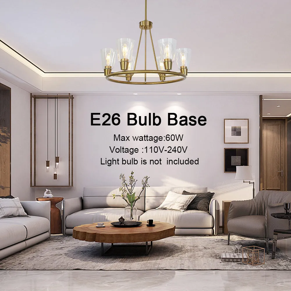 BONLICHT 6 Lights Round Chandelier Brushed Brass with Clear Glass Shade