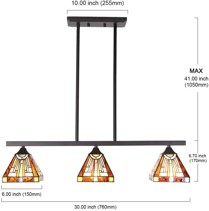 BONLICHT Tiffany Style Mission Chandelier 3 Lights Pendant Oil Rubbed Bronze