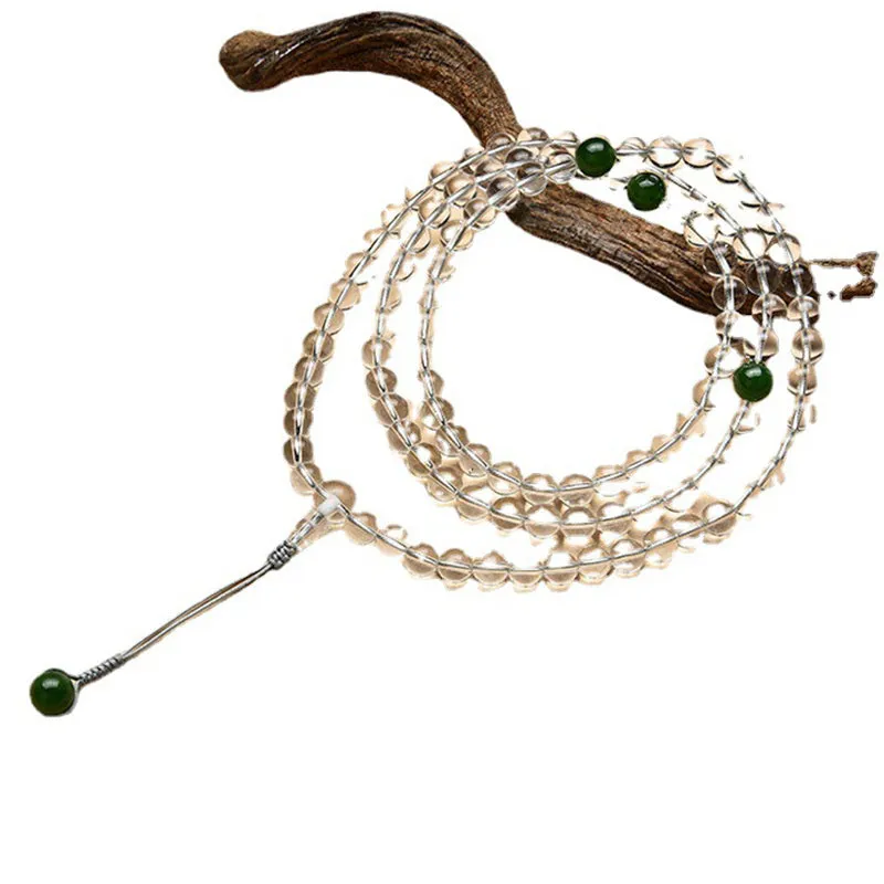 Buddha Stones 108 Beads White Crystal Jade Meditation Bracelet Mala