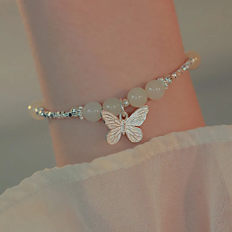 Buddha Stones 925 Sterling Silver Natural Hetian Jade Luck Butterfly Charm Bracelet
