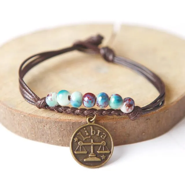 Ceramic Beads &amp Wax Rope Zodiac Bracelet