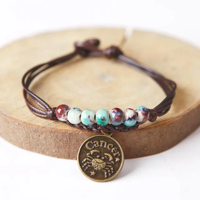 Ceramic Beads &amp Wax Rope Zodiac Bracelet
