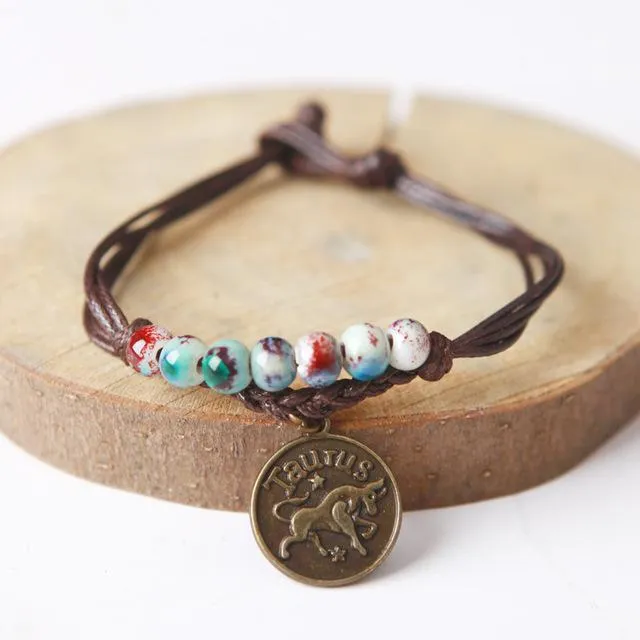 Ceramic Beads &amp Wax Rope Zodiac Bracelet