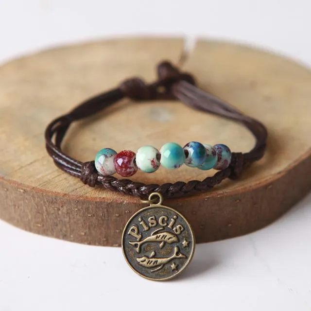 Ceramic Beads &amp Wax Rope Zodiac Bracelet