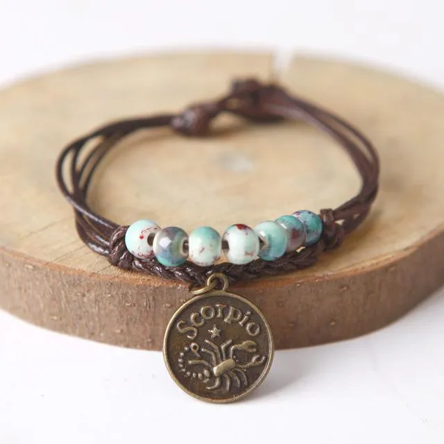 Ceramic Beads &amp Wax Rope Zodiac Bracelet