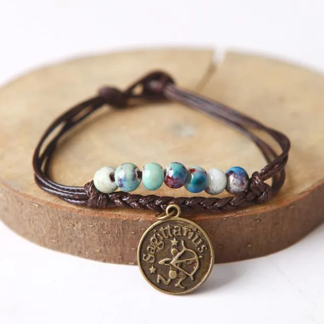 Ceramic Beads &amp Wax Rope Zodiac Bracelet
