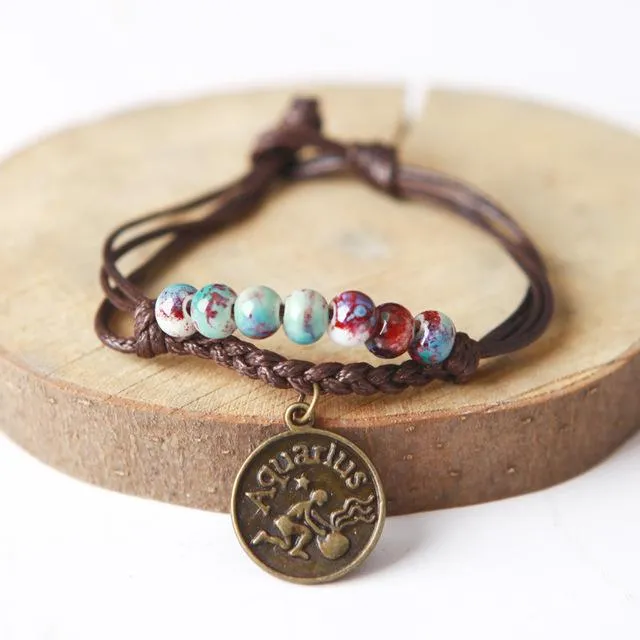 Ceramic Beads &amp Wax Rope Zodiac Bracelet