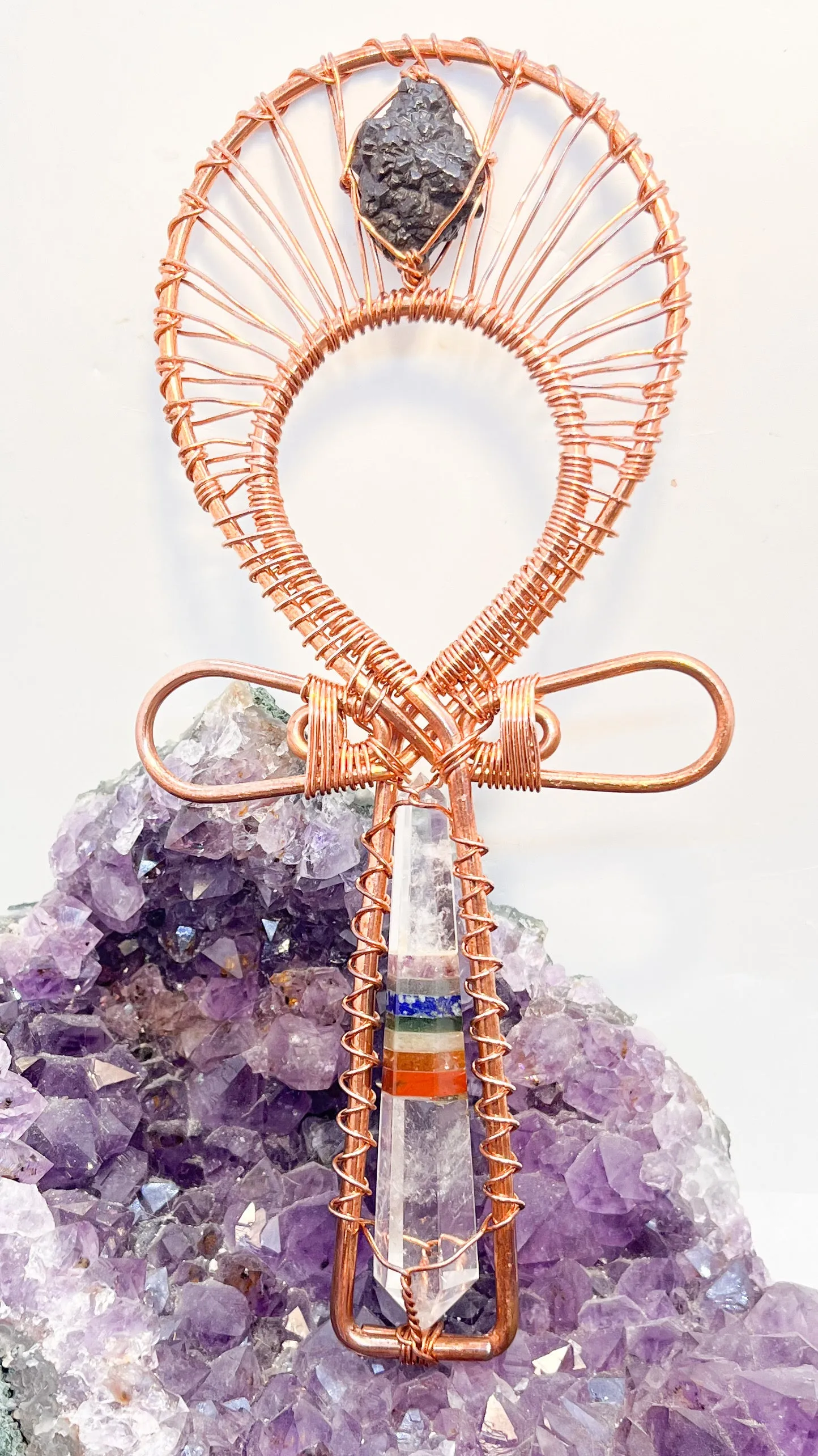 Chakra Crystal Vogel and Prophecy Stone Handheld Copper Ankh