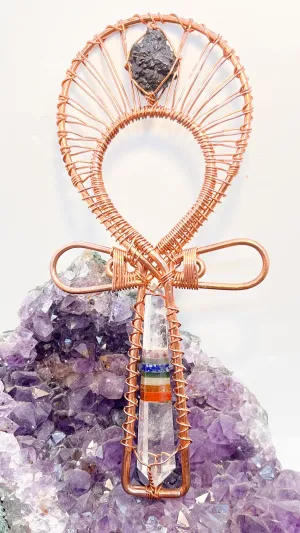Chakra Crystal Vogel and Prophecy Stone Handheld Copper Ankh