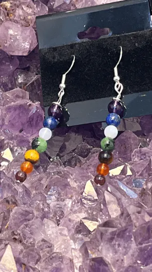 Chakra Gemstone Dangle Drop Sterling Silver Hooks  Earrings