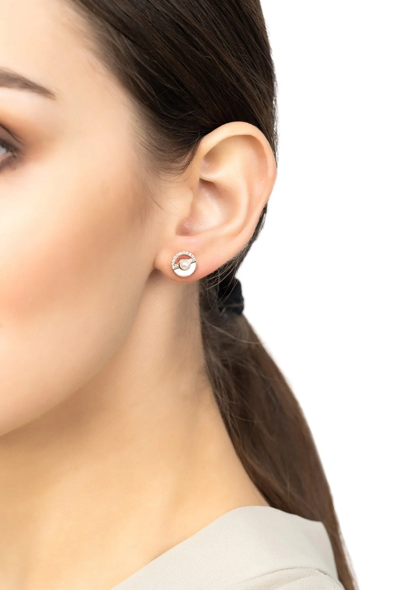 Circle & Pearl Stud Earrings Rosegold