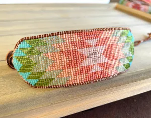 Coral,Green and Turquoise Western Cuff Starburst Beaded Loom Bracelet