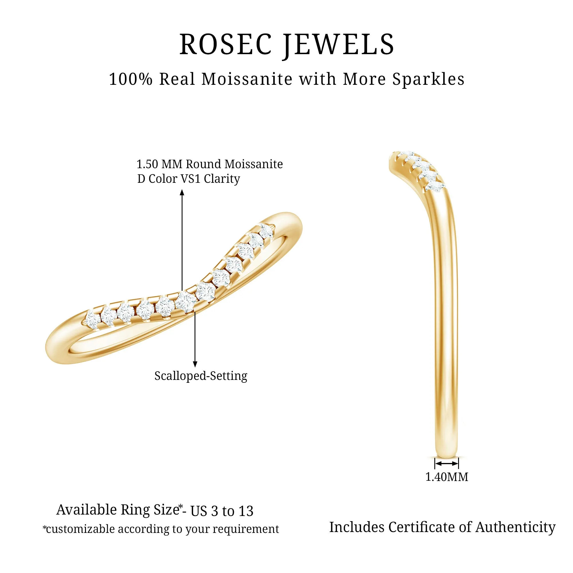 Curved Gold Stackable Ring with Prong Set Moissanite