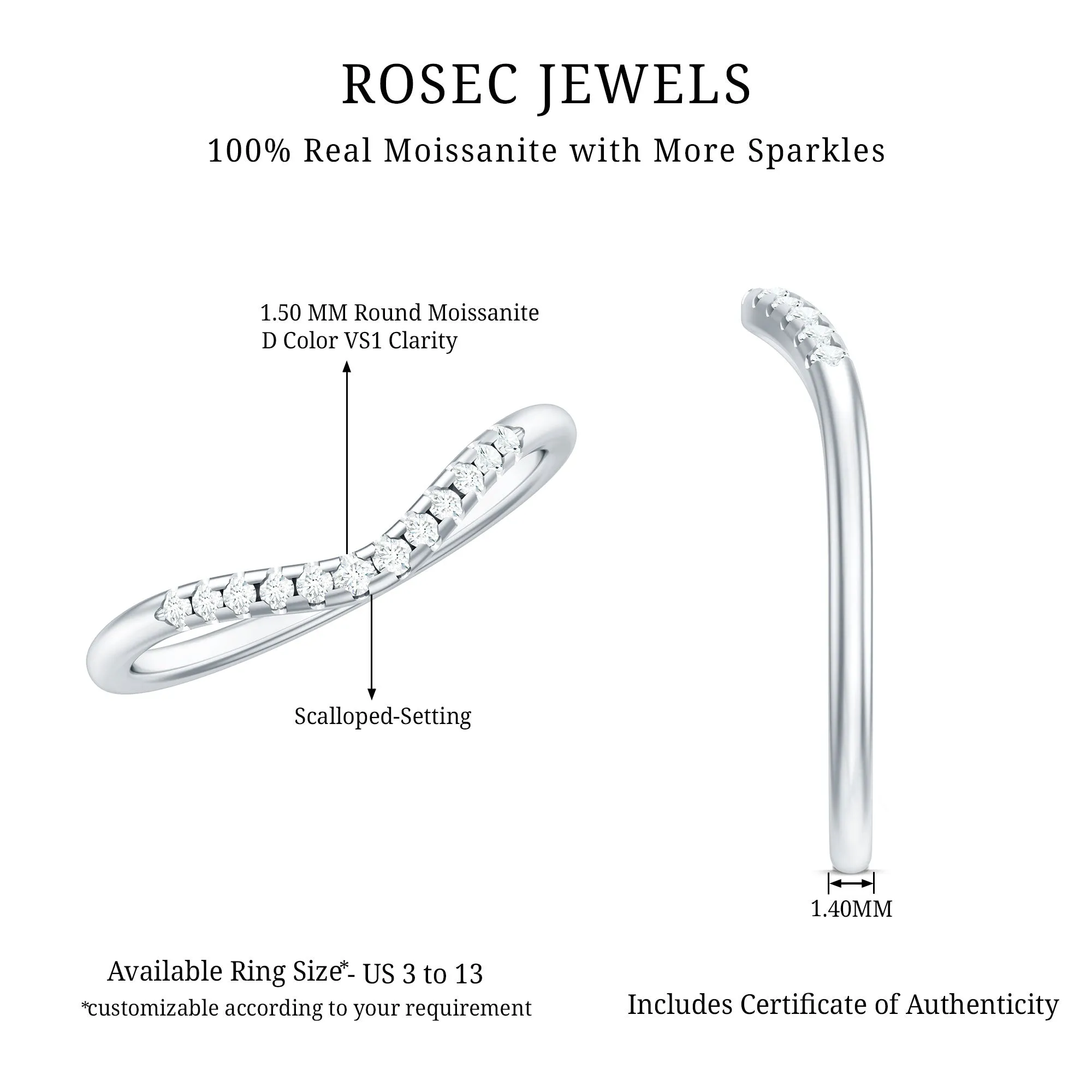 Curved Gold Stackable Ring with Prong Set Moissanite