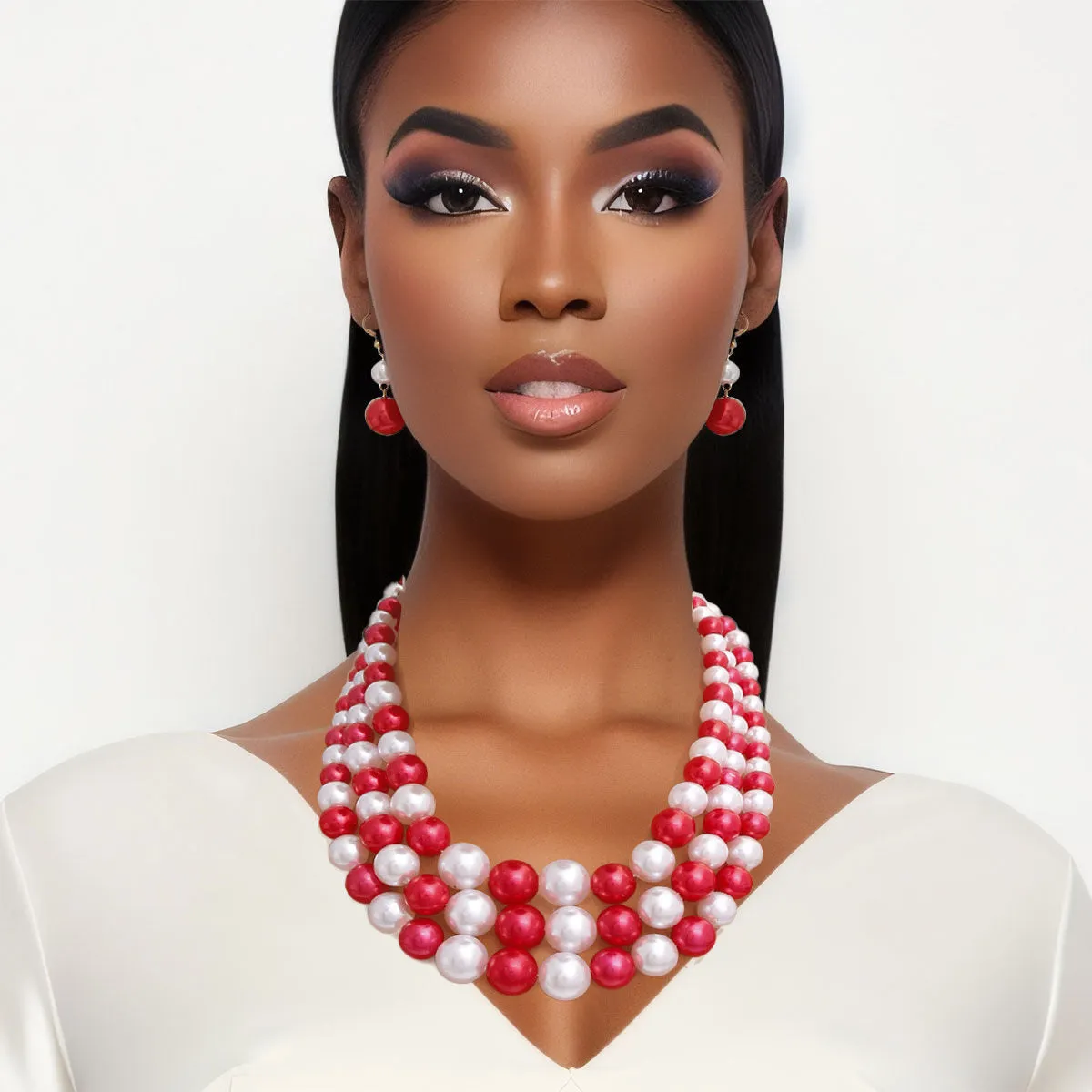 Delta Sigma Theta Inspired Red White Pearl 3 Layered DST Set|18 inches
