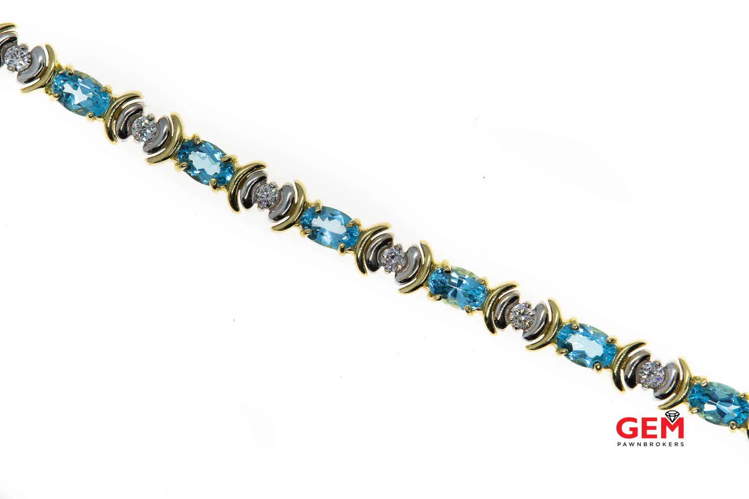 Diamond & Oval Aquamarine Gemstone 14K 585 Two Tone White & Yellow Tennis Bracelet