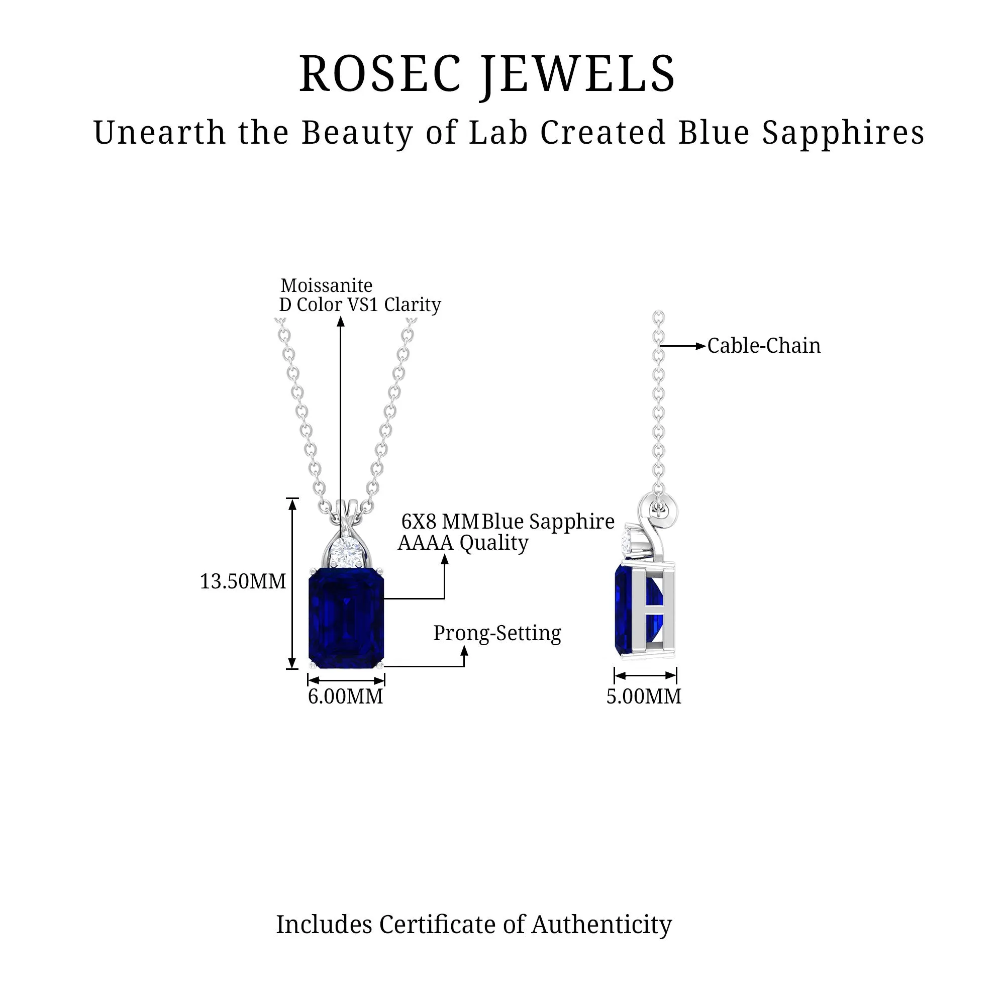 Emerald Cut Created Blue Sapphire Solitaire Pendant with Moissanite