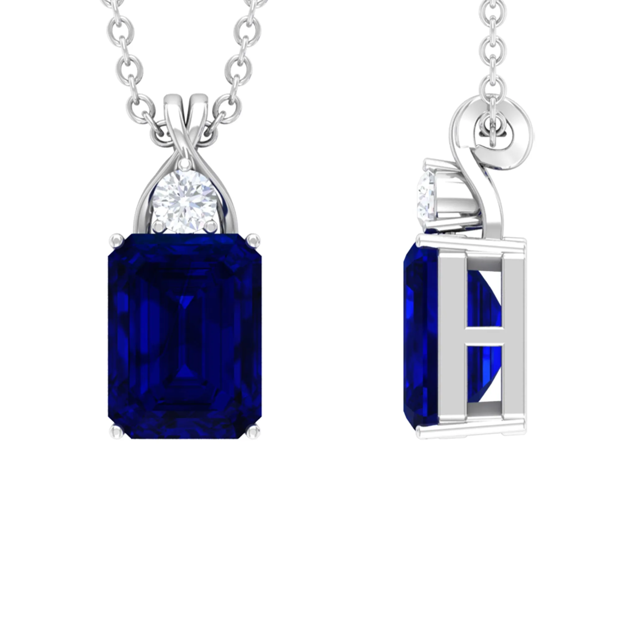 Emerald Cut Created Blue Sapphire Solitaire Pendant with Moissanite