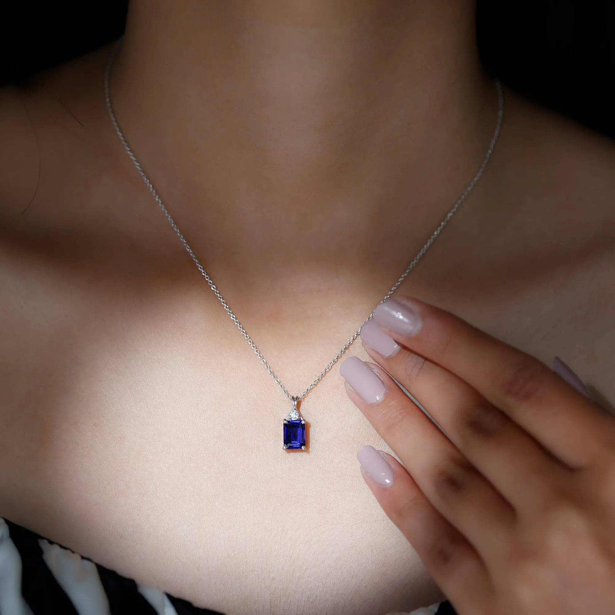 Emerald Cut Created Blue Sapphire Solitaire Pendant with Moissanite