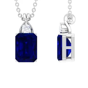 Emerald Cut Created Blue Sapphire Solitaire Pendant with Moissanite