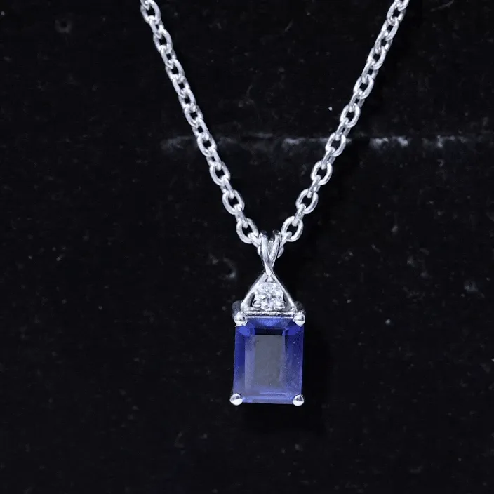 Emerald Cut Created Blue Sapphire Solitaire Pendant with Moissanite