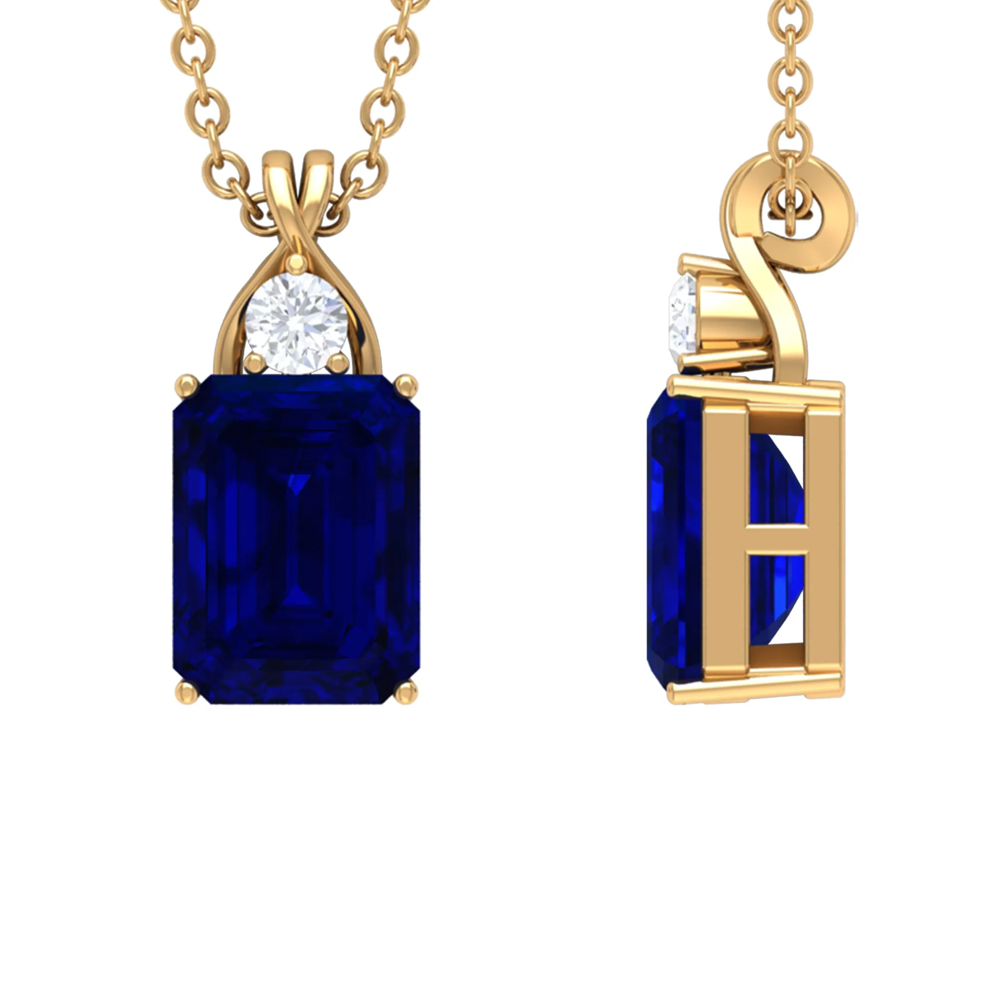 Emerald Cut Created Blue Sapphire Solitaire Pendant with Moissanite