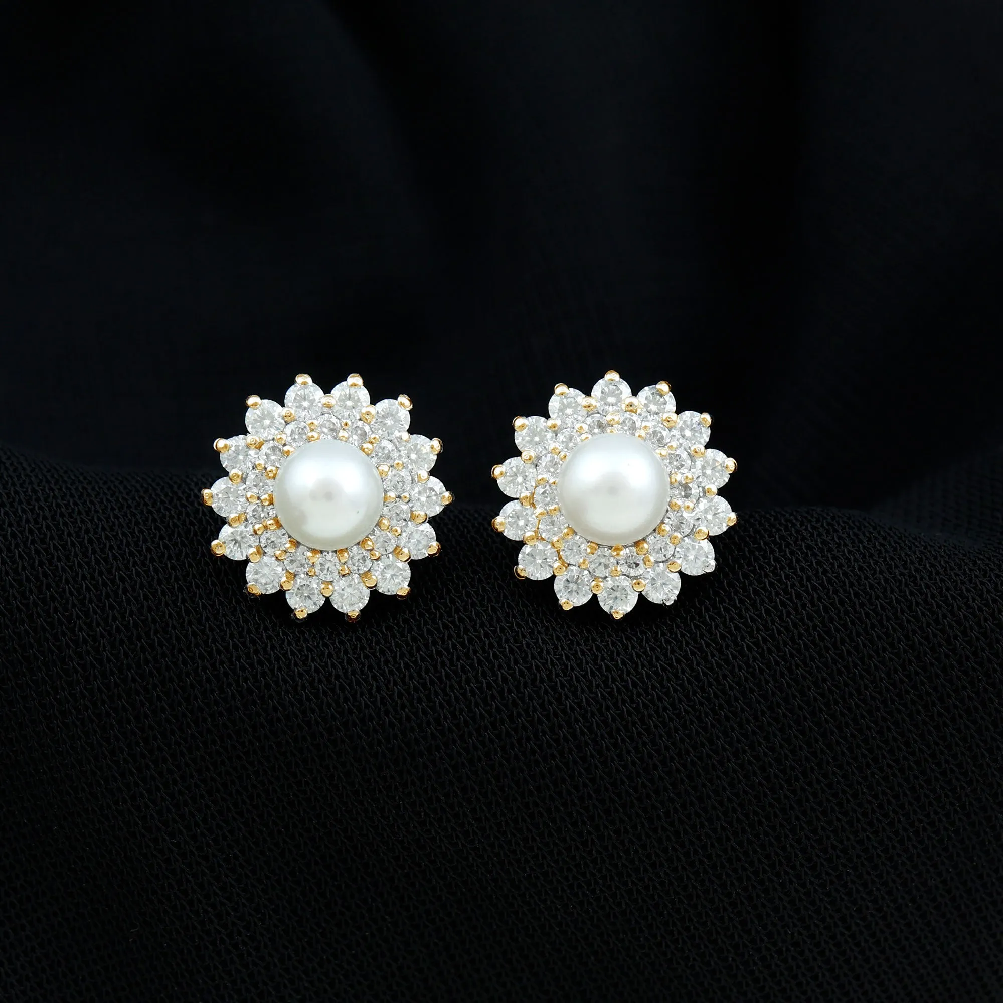 Freshwater Pearl Stud Earrings with Diamond Double Halo