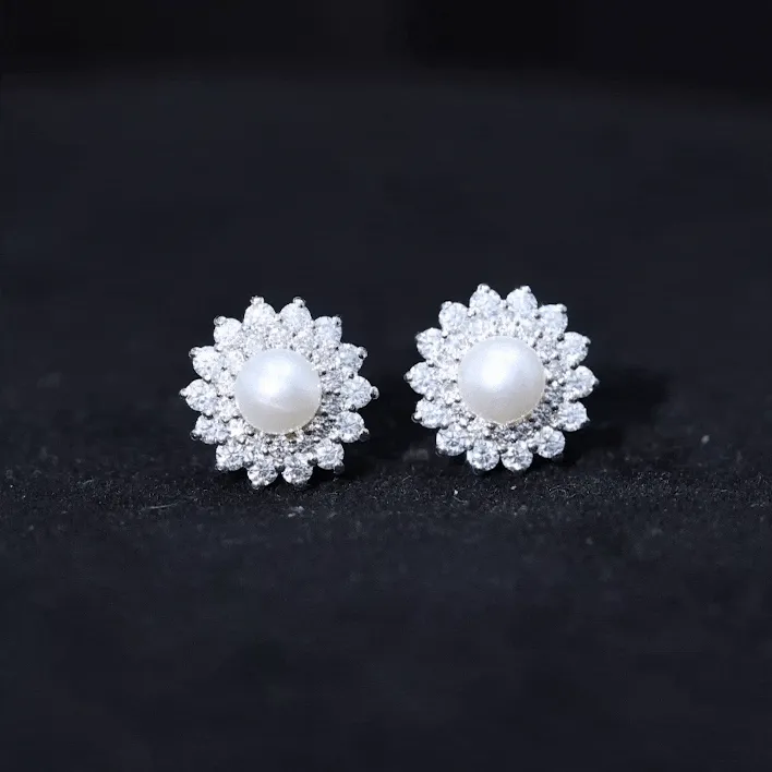 Freshwater Pearl Stud Earrings with Diamond Double Halo