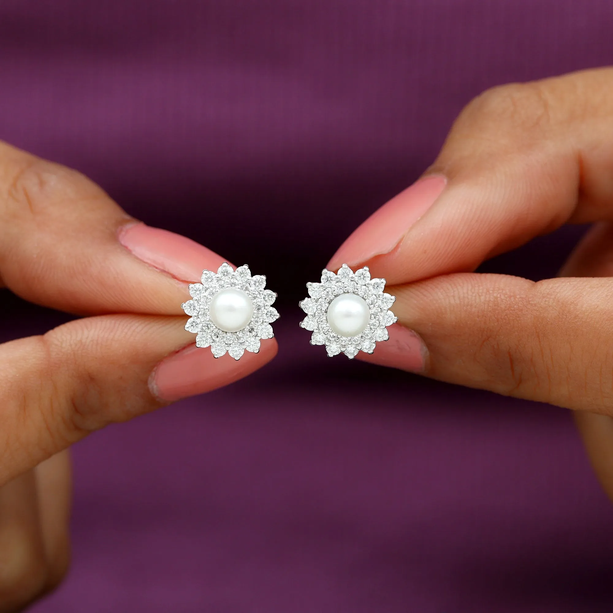 Freshwater Pearl Stud Earrings with Diamond Double Halo