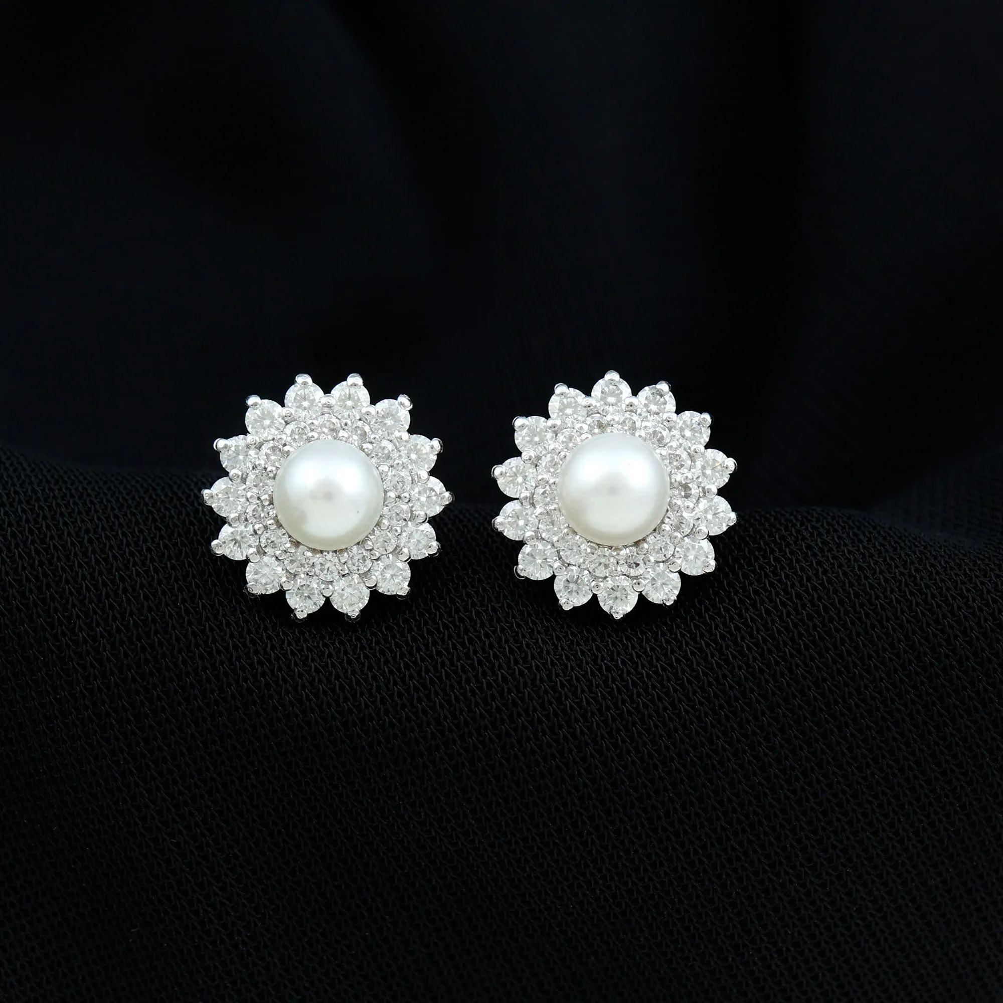 Freshwater Pearl Stud Earrings with Diamond Double Halo