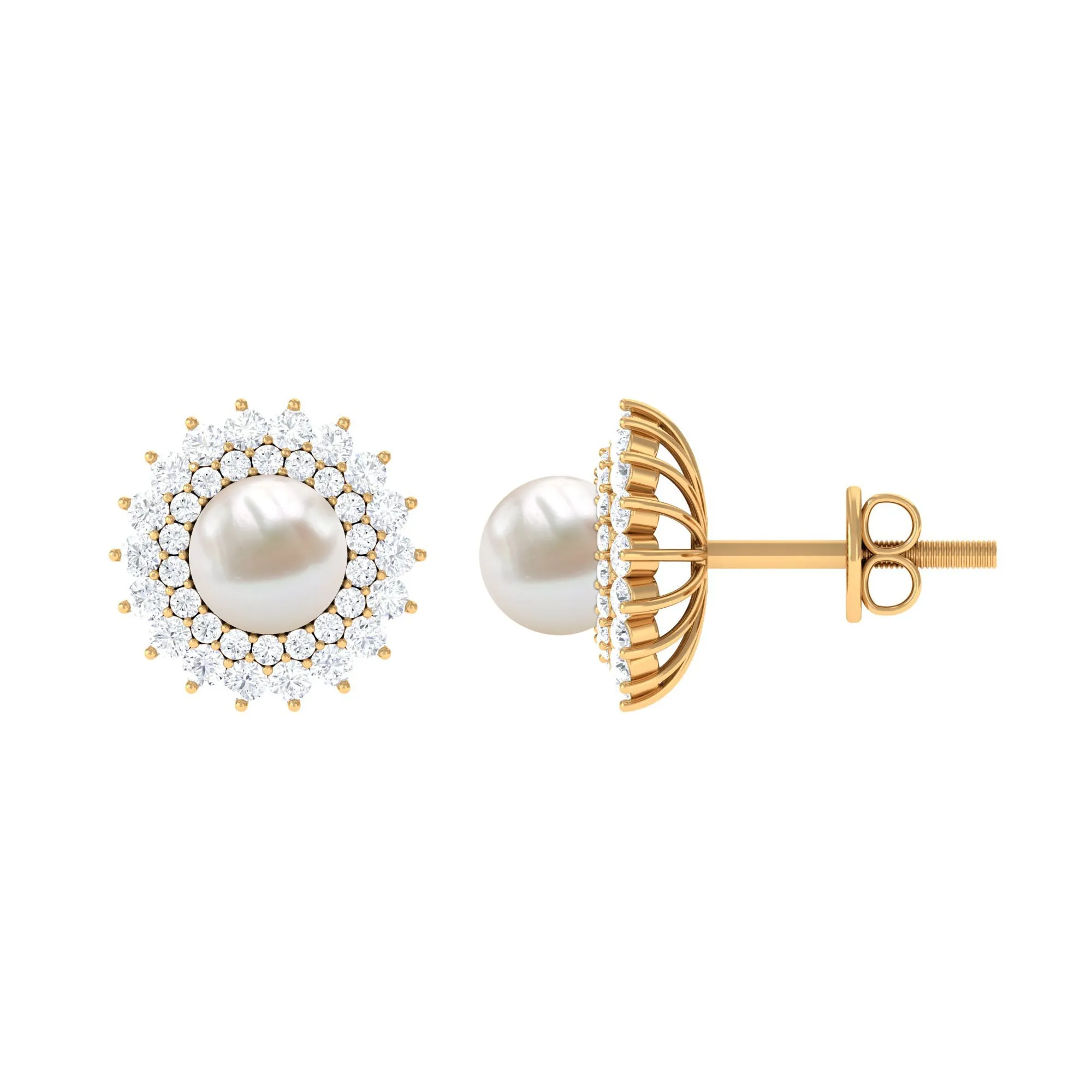Freshwater Pearl Stud Earrings with Diamond Double Halo